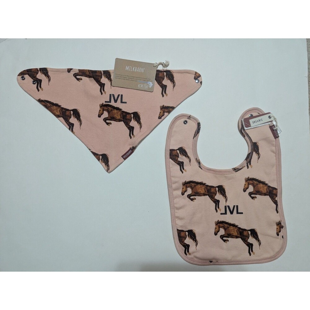 Set Of 2 Milkbarn Infant Baby Organic Cotton Kerchief Bib Pink Horse NWT